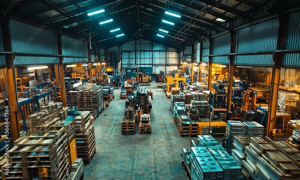 Aerial View of a Spacious Warehouse with Forklifts and Stacked Pallets Under Bright Lighting Aerial View of a Spacious Warehouse with Forklifts and Stacked Pallets Under Bright Lighting