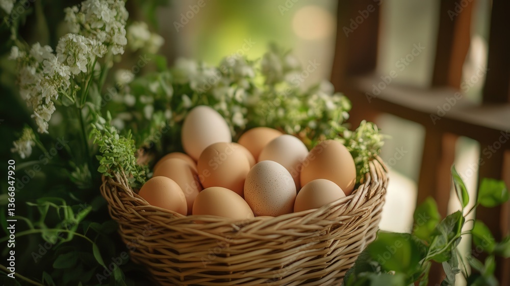 woven basket with eggs nestled inside, each egg carefully placed for a beautiful display, surrounded by fresh greenery and soft textures. woven basket with eggs nestled inside, each egg carefully placed for a beautiful display, surrounded by fresh greenery and soft textures.