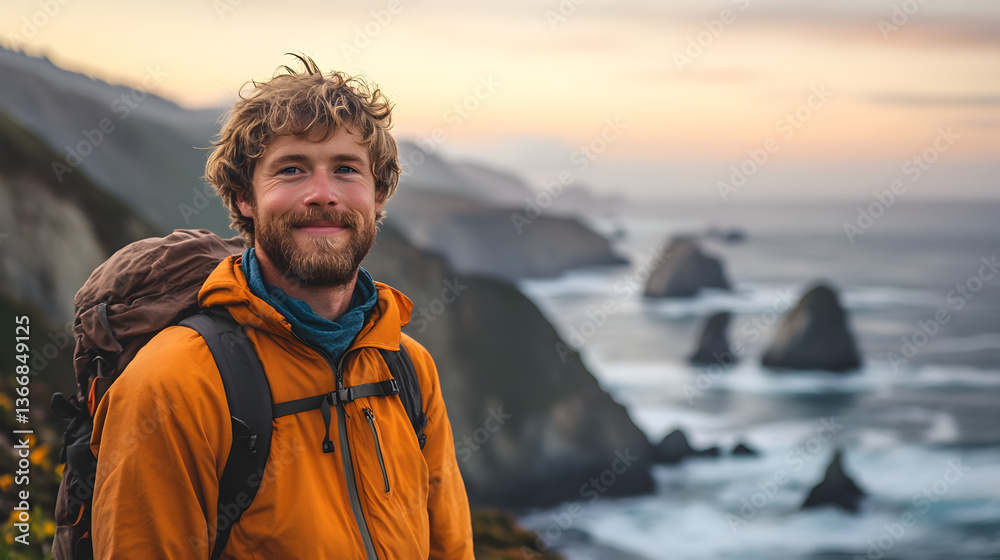 Fototapeta premium Adventurous Man Hiking Coastal Cliffs at Sunset