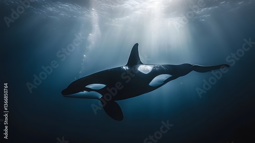A powerful and graceful orca whale diving beneath the shimmering surface of the vast blue ocean
