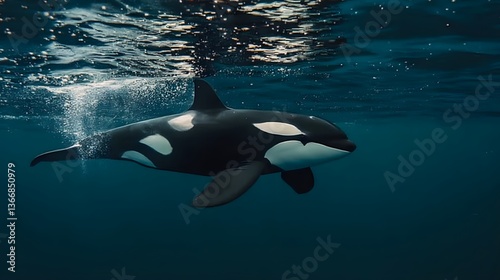 A majestic orca also known as a killer whale gracefully diving beneath the deep blue waves of the ocean