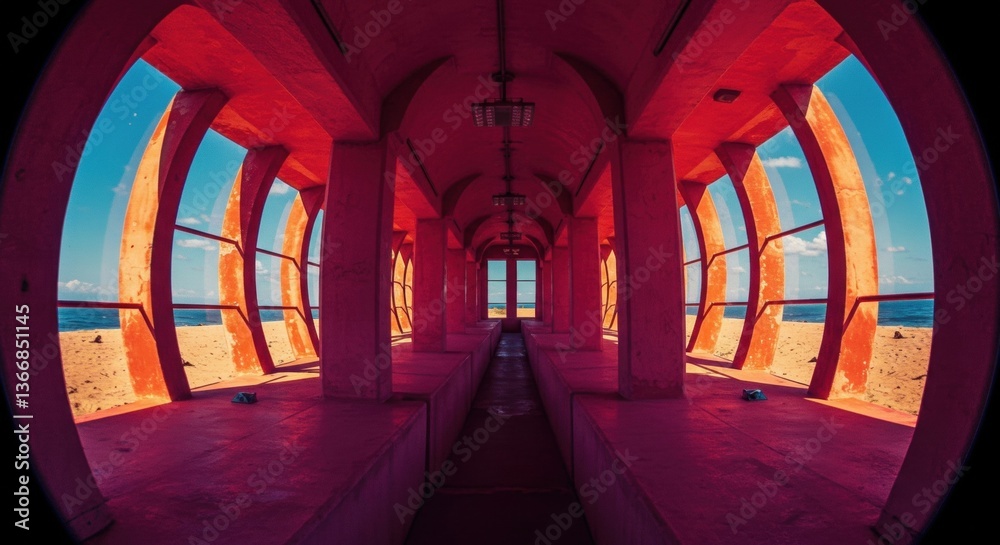 Obraz premium Architectural Marvel: Vibrant Red-Arched Tunnel Offers Stunning Oceanfront Views and Emphasizes Modern Design Aesthetics.