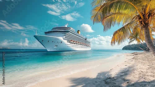 A stunning tropical beach scene featuring a luxurious cruise ship anchored near the shore, surrounded by palm trees and crystal-clear waters