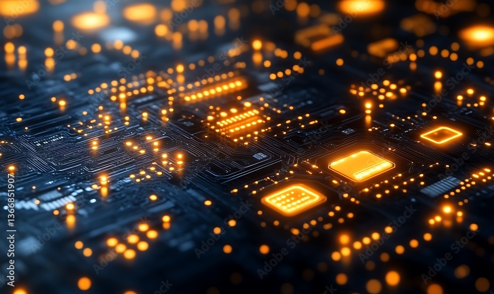 Close-up of Futuristic Circuit Board with Glowing Components and Intricate Design