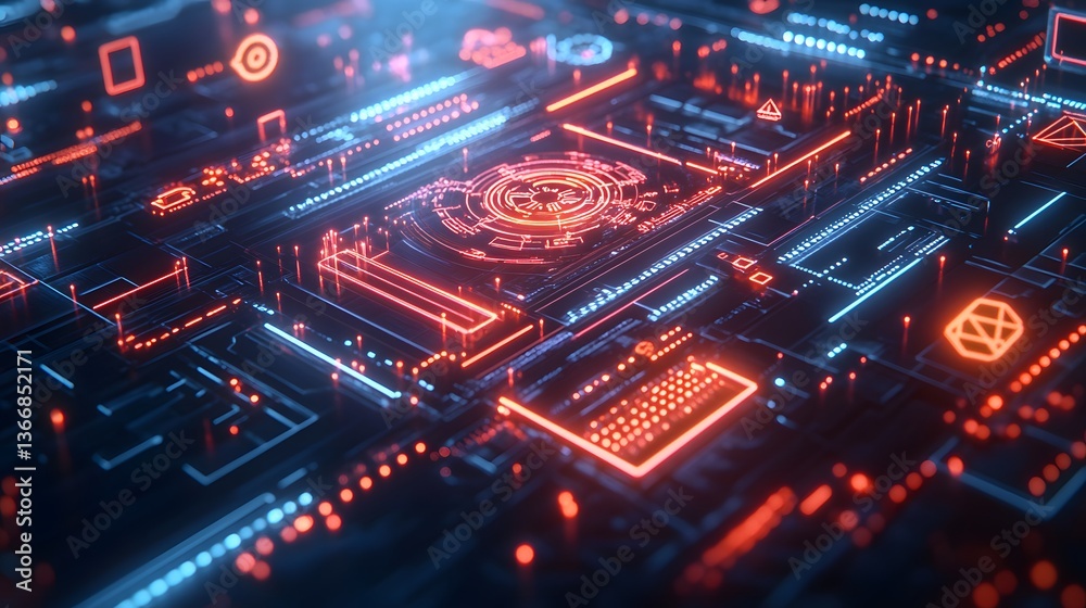 The colorful digital circuit board showcasing complex electronic connections well The colorful digital circuit board showcasing complex electronic connections well
