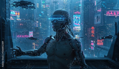 Futuristic robot in neon-lit cityscape at night showcasing advanced technology and imagination.