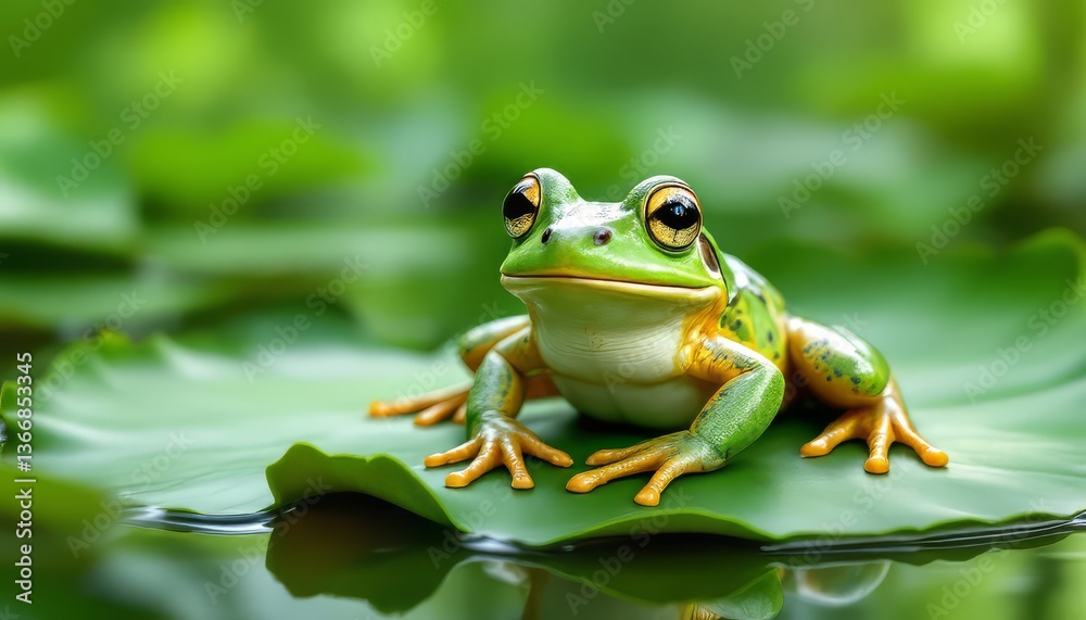 Naklejka premium Green Frog Resting on Lily Pad in Pond Close Up