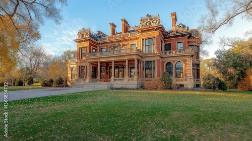 Wallpaper Mural mansion with a classical design, featuring large windows, a grand balcony, and a well-kept front yard Torontodigital.ca