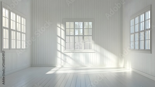 Spacious and serene white walled room with natural wood flooring and abundant natural light from large