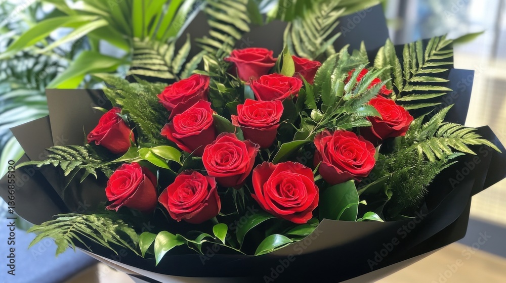 Obraz premium A classic bouquet of red roses with lush green foliage, wrapped in elegant black paper.