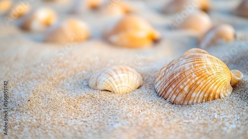 Close up view of natural seashells nestled in fine golden sand at a peaceful scenic coastal setting