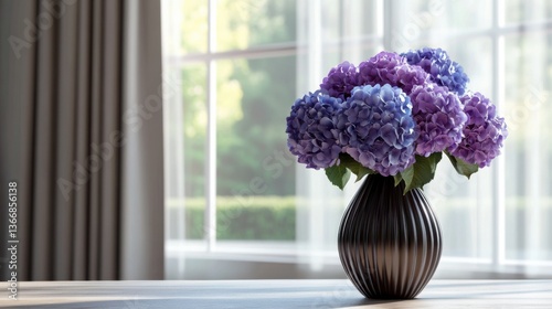 Wallpaper Mural A floral bouquet featuring bold purple and blue hydrangeas, elegantly arranged in a modern vase. Torontodigital.ca