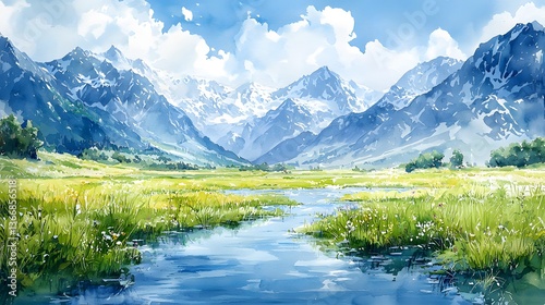 Serene mountain valley stream, wildflowers, sunny sky