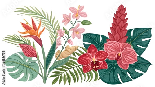 Tropical floral arrangement, vibrant colors, bird of paradise, hibiscus, ginger flower, monstera leaves, palm fronds, botanical illustration, flat design, pastel background, graphic art style