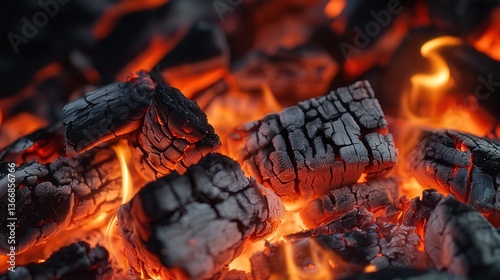 firewood burning, showcasing the intense red glow of the charcoal as it crackles and smolders in the flames.