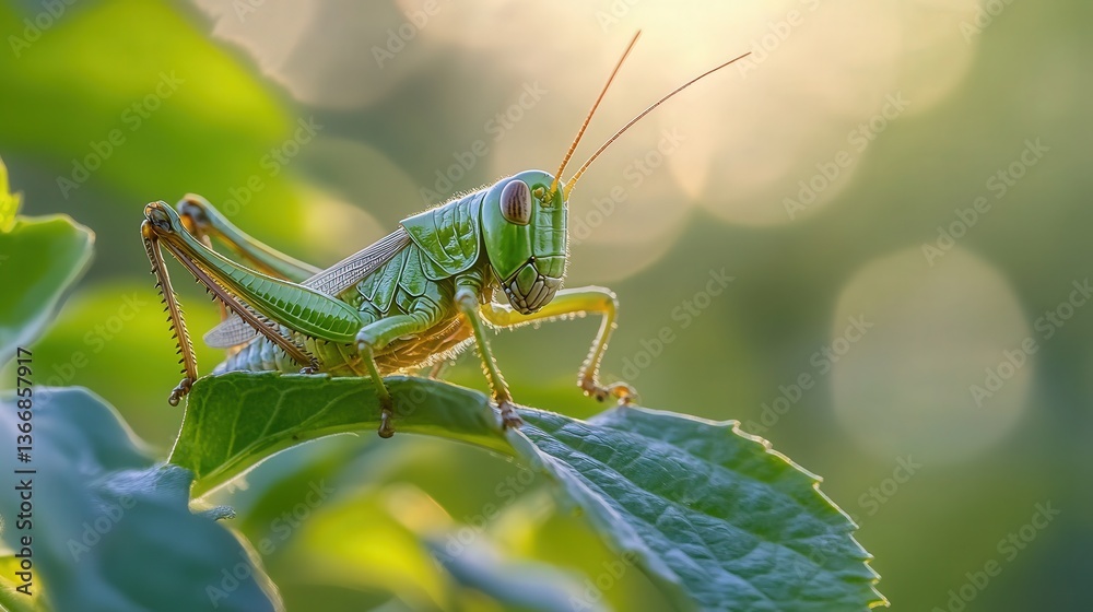 Fototapeta premium grasshopper as it feeds on a leaf, set against a softly blurred background.