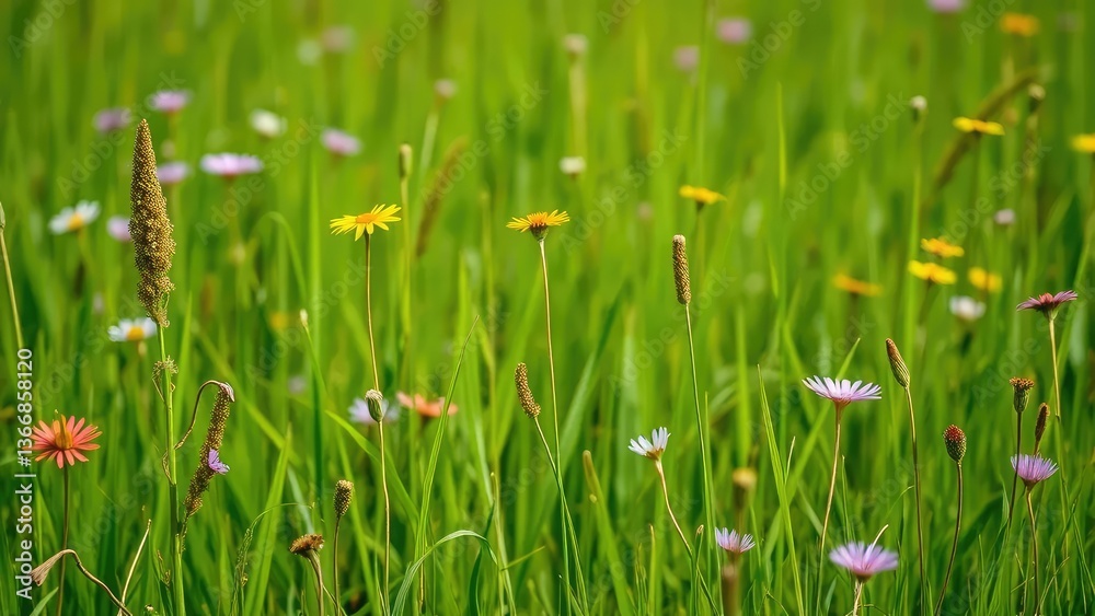 A lone flower blooms in a field of tall grass, wildflowers, meadow, nature scenery A lone flower blooms in a field of tall grass, wildflowers, meadow, nature scenery
