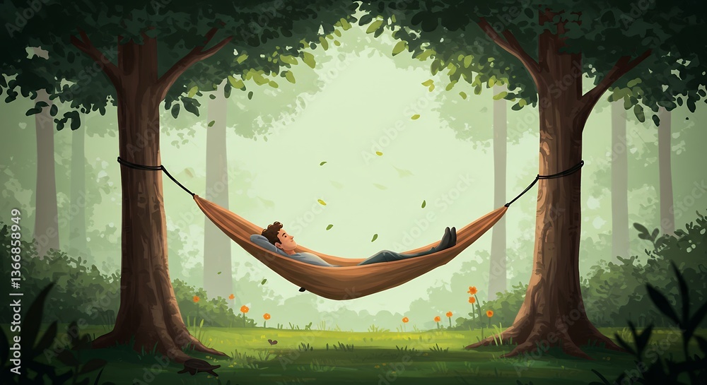Obraz premium Man Relaxing in Hammock Between Trees in a Peaceful Forest