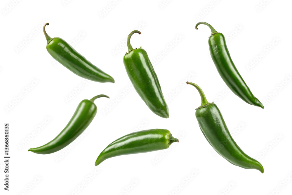 Falling green chili peppers isolated on transparent background, Cut out png