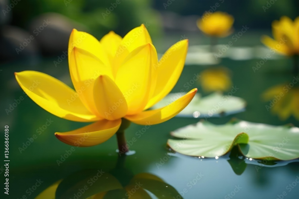 Bright yellow petals unfolding near water surface, landscape, yellow, garden Bright yellow petals unfolding near water surface, landscape, yellow, garden