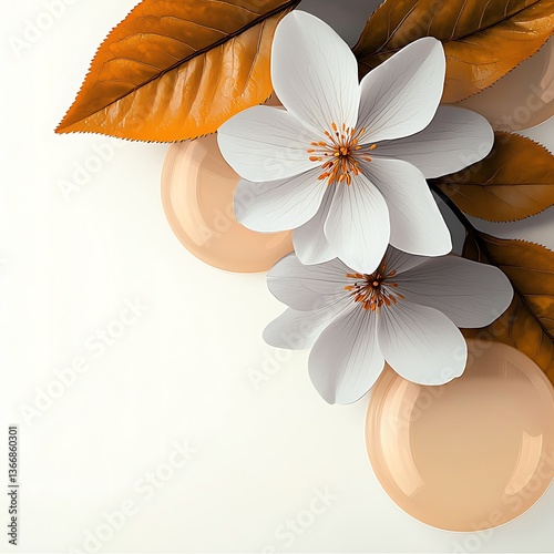 White flowers autumn leaves nature composition