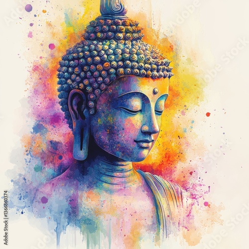 Buddha image in vector art, painted in watercolor with soft chaos level 60 adding dynamic hues, embodying peaceful energy with an artistic flair