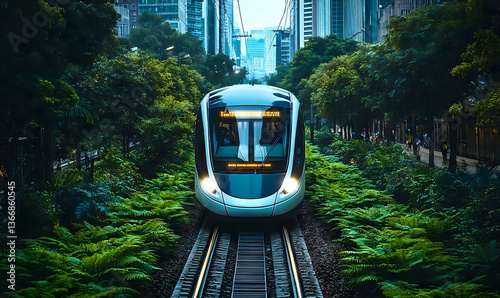 Modern Light Rail Train Through Lush Urban Greenery