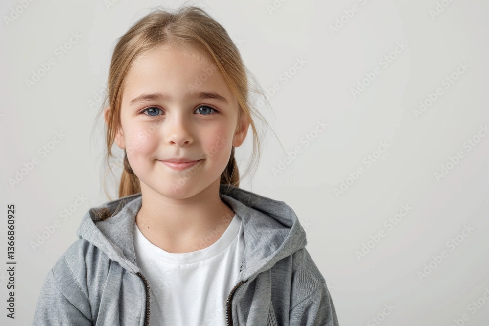 Portrait of a young Caucasian girl with blond hair wearing gray jacket over white t shirt against plain white background Portrait of a young Caucasian girl with blond hair wearing gray jacket over white t shirt against plain white background