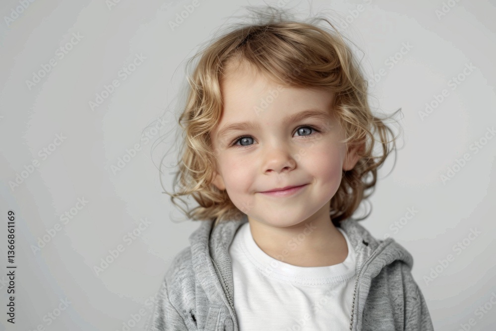 Fototapeta premium Portrait of a young Caucasian girl with blond hair wearing gray jacket over white t shirt against plain white background