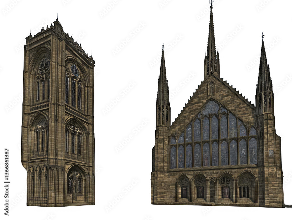Fototapeta premium Architectural Illustration Of Medieval Church And Gothic Building On Transparent Background