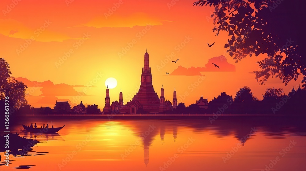 Thai silhouette background featuring Wat Arun and palm trees with a warm gradient sky Thai silhouette background featuring Wat Arun and palm trees with a warm gradient sky