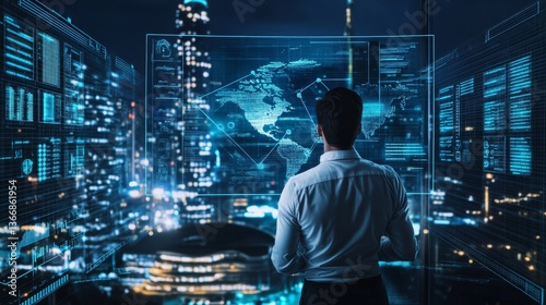 Wallpaper Mural A digital asset manager working on AI powered decentralized solutions for crypto backed decentralized job platforms, futuristic job lab with live data, High-tech style Torontodigital.ca
