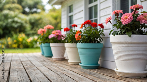 Wallpaper Mural Wooden Porch with Potted Orange Flowers and Greenery in Natural Light Torontodigital.ca