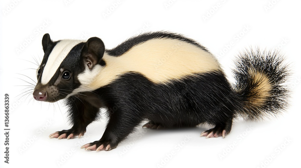 A striking black and white badger with a bushy tail in a natural pose A striking black and white badger with a bushy tail in a natural pose
