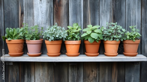A collection of lush green potted plants in terracotta pots displayed on a weathered wooden shelf creating a cozy and natural garden inspired atmosphere