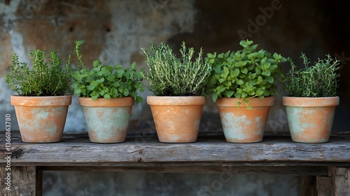 An assortment of lush green potted plants and culinary herbs in terracotta pots displayed on a weathered wooden table creating a cozy natural atmosphere
