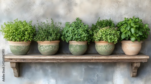 An assortment of lush fragrant potted herbs displayed on a weathered wooden shelf against a textured concrete wall creating a cozy organic ambiance in a kitchen or living space