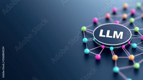 A modern graphic illustrating the concept of LLM (Large Language Model) with colorful nodes connected by lines against a dark background.