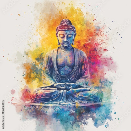 Watercolor vector of Buddha, calming yet dynamic with chaos level 60 that gives life to the artwork while maintaining spiritual tranquility