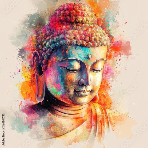 Watercolor vector of Buddha, calming yet dynamic with chaos level 60 that gives life to the artwork while maintaining spiritual tranquility