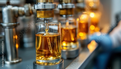 Laboratory Process of Filling Glass Bottles with Golden Liquid Substance