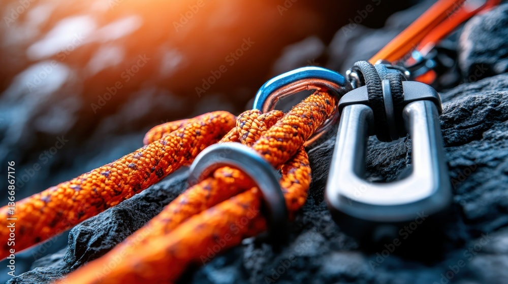 Close-Up of Climbing Gear with Orange Rope and Metal Carabiner on Rock Surface