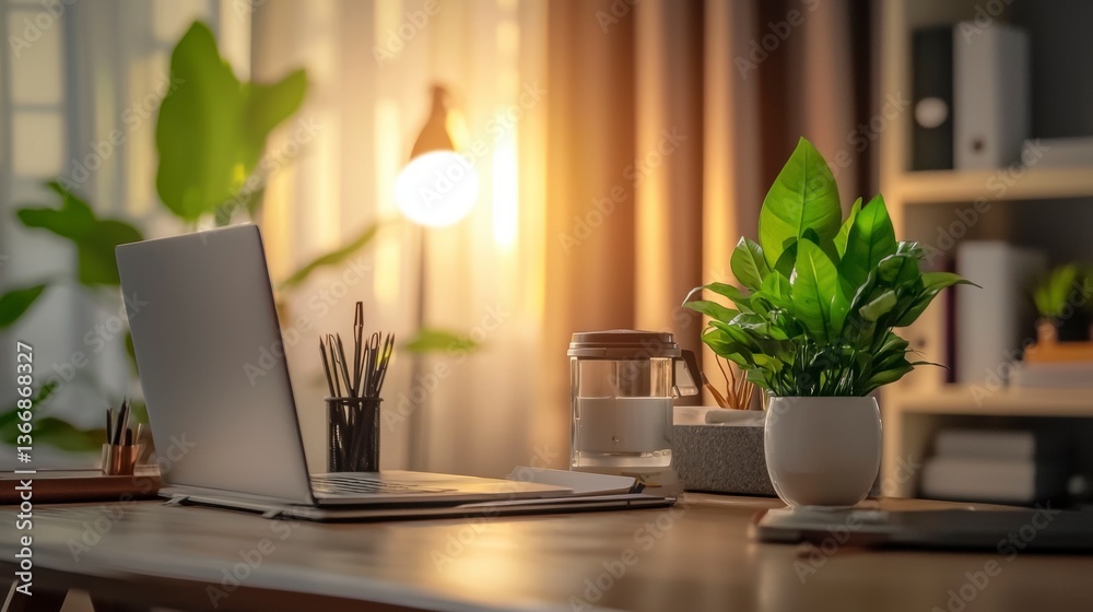 Fototapeta premium A minimalist workspace featu a laptop, houseplants, and stationery on a clean wooden desk bathed in warm, natural light creating a calm and productive atmosphere perfect for