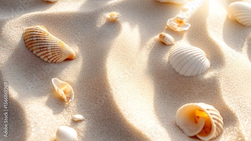 A serene close up view of a sandy beach showcasing the natural texture and subtle wave patterns with various delicate seashells scattered across the surface