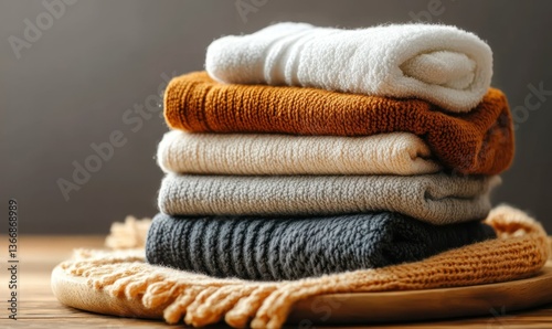 Cozy Collection of Soft Textured Towels in Warm Earthy Tones on Wooden Surface