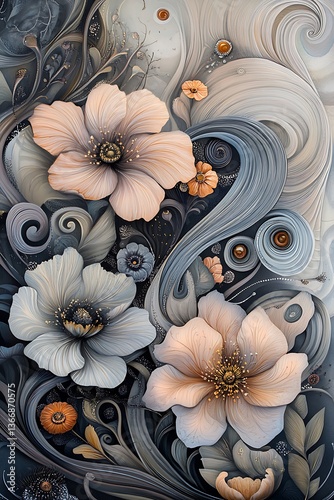 Whimsical blooms surrounded by intricate swirl details in muted color tones