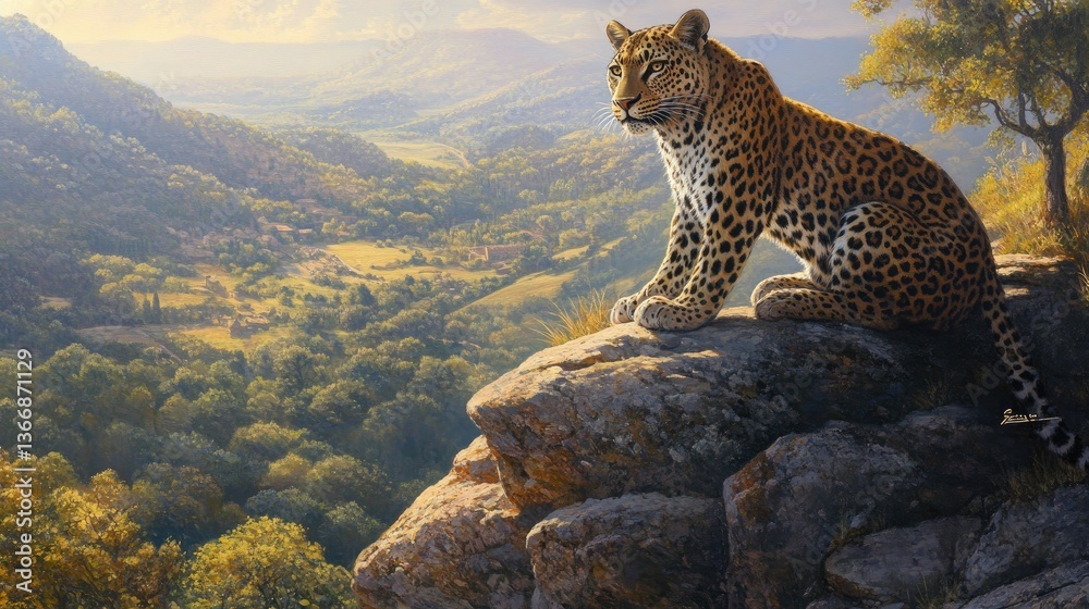 Obraz premium A confident leopard sits on a rocky peak, watching over the valley with an air of unshakable authority.