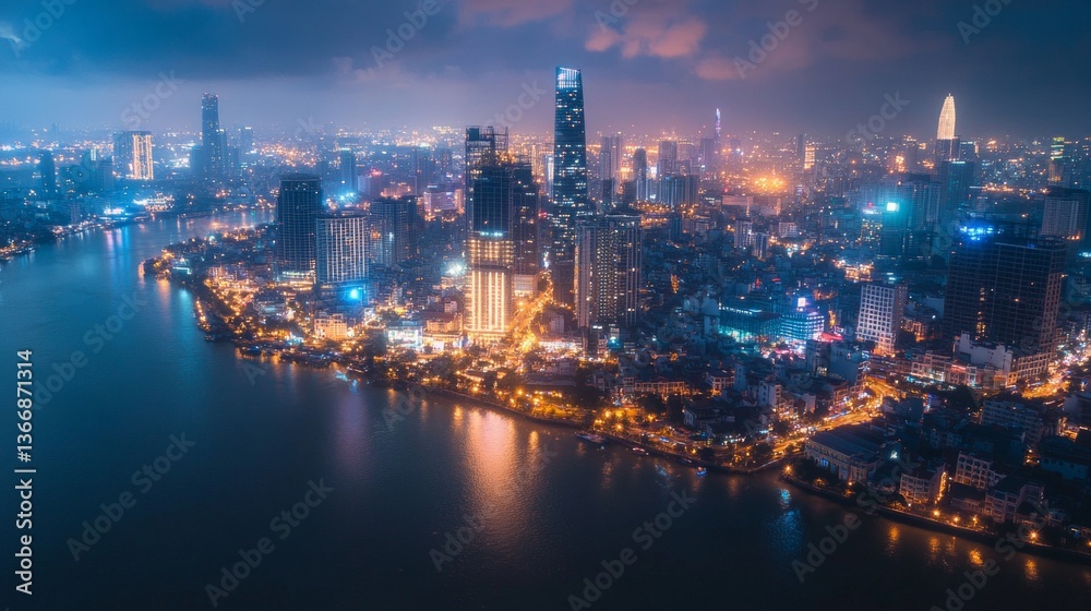Fototapeta premium Vibrant cityscape evening lights ho chi minh city aerial photograph urban environment nighttime view modern architecture