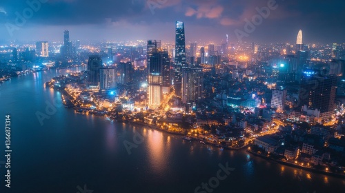 Vibrant cityscape evening lights ho chi minh city aerial photograph urban environment nighttime view modern architecture