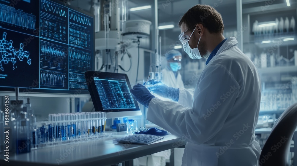 A genetic researcher utilizing AI for personalized genetic treatment planning in a biotechnology lab, cutting-edge lab with AI-driven genetic analysis tools, Scientific style A genetic researcher utilizing AI for personalized genetic treatment planning in a biotechnology lab, cutting-edge lab with AI-driven genetic analysis tools, Scientific style